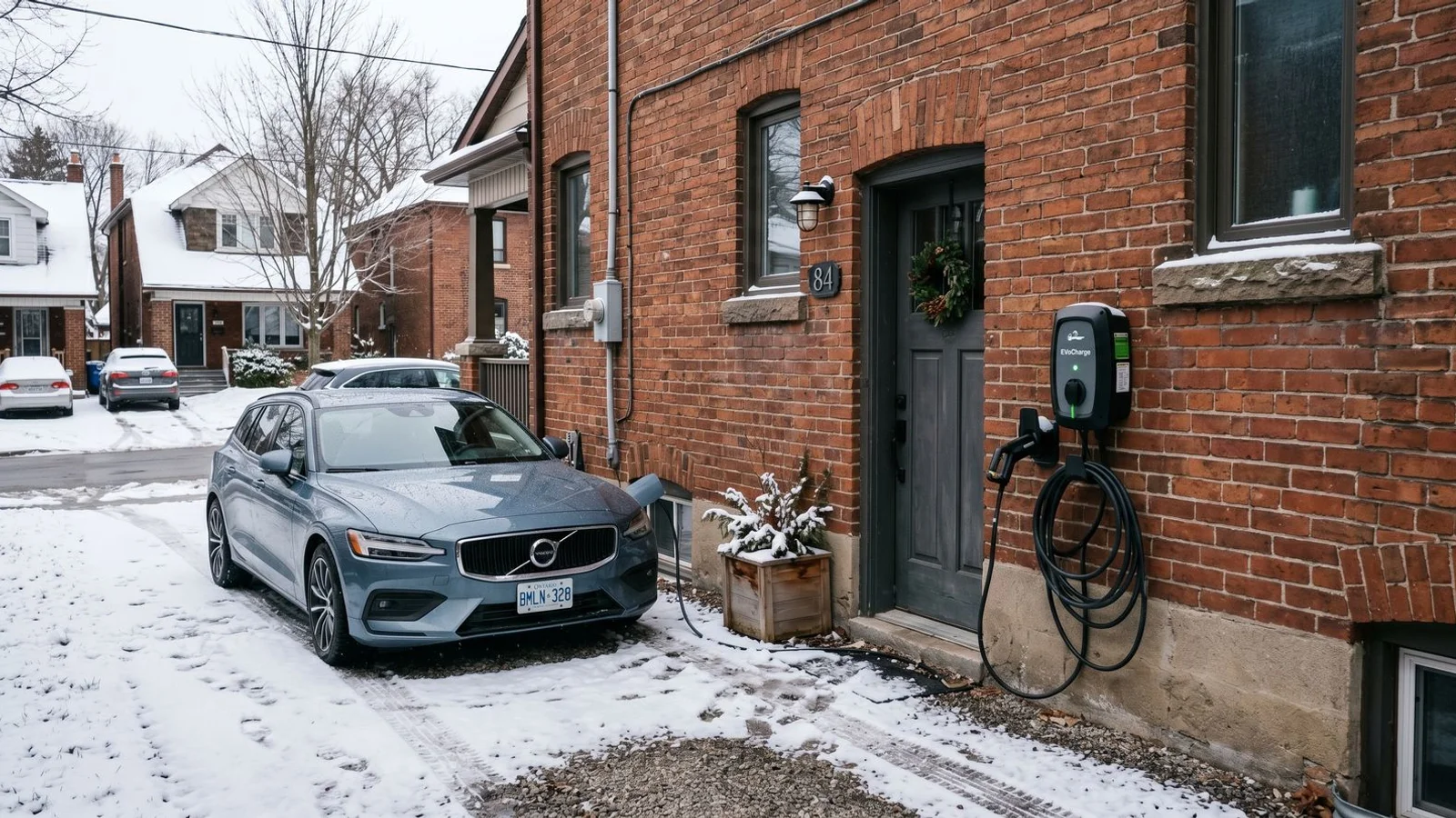 Outdoor wall-mounted Level 2 EV charger on Toronto brick home, light snow on driveway