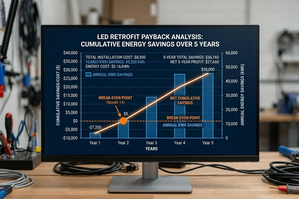 Payback chart: kWh savings vs install cost over 5 years