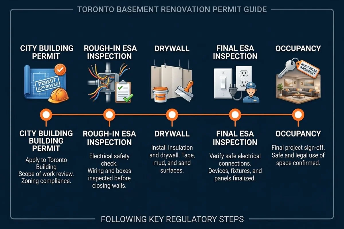 Permit timeline graphic: building permit → rough-in ESA → drywall → final ESA → occupancy