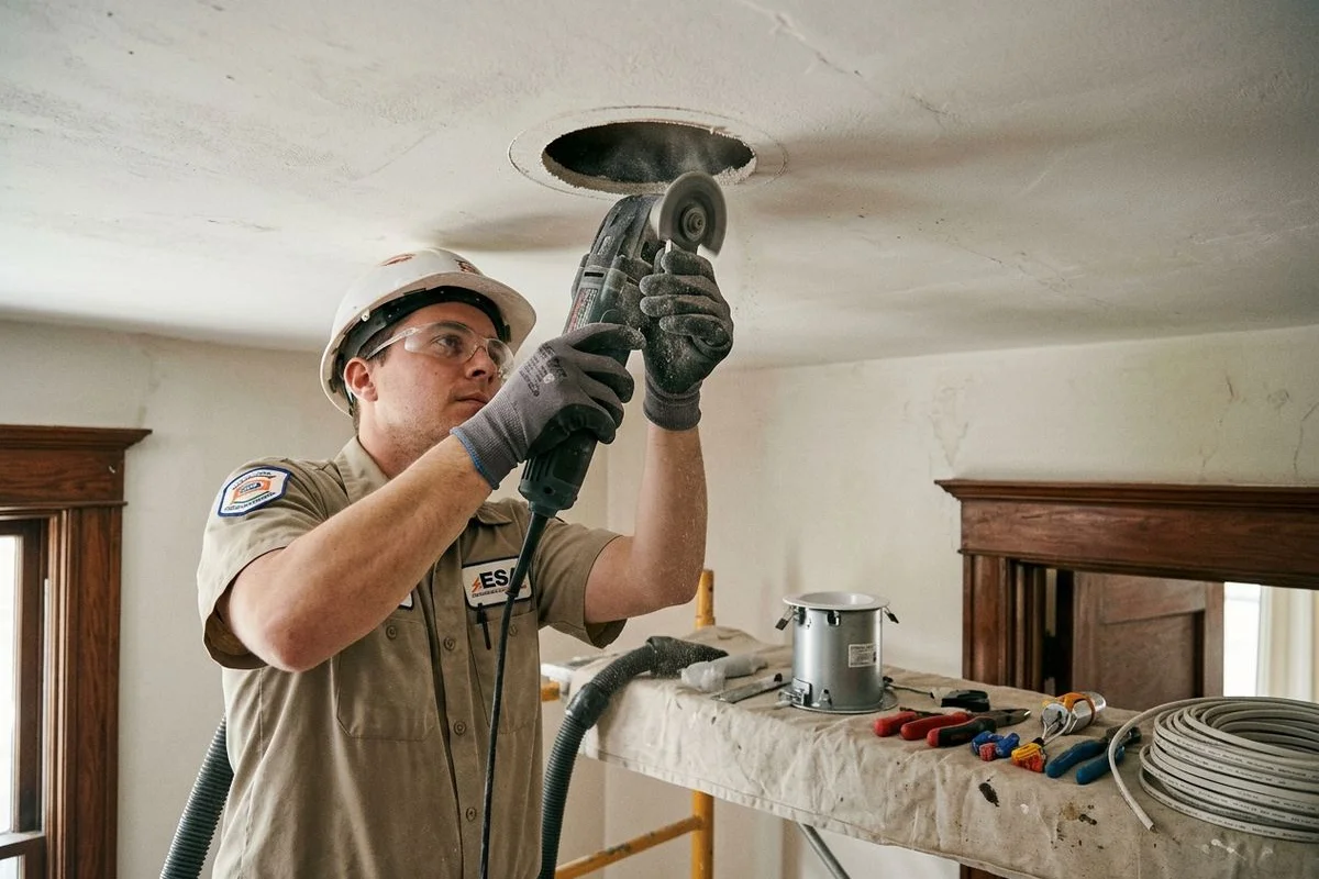 Process photo: oscillating-tool cut in plaster ceiling, IC-rated can ready to install