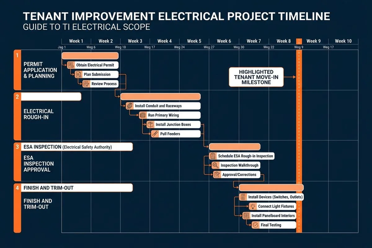 Project timeline graphic: TI scope phased around move-in date