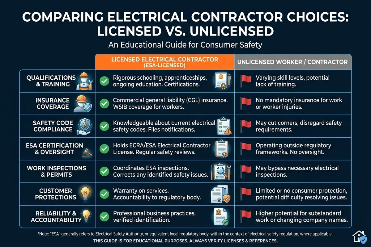Side-by-side checklist graphic: licensed vs unlicensed contractor red flags, brand colors