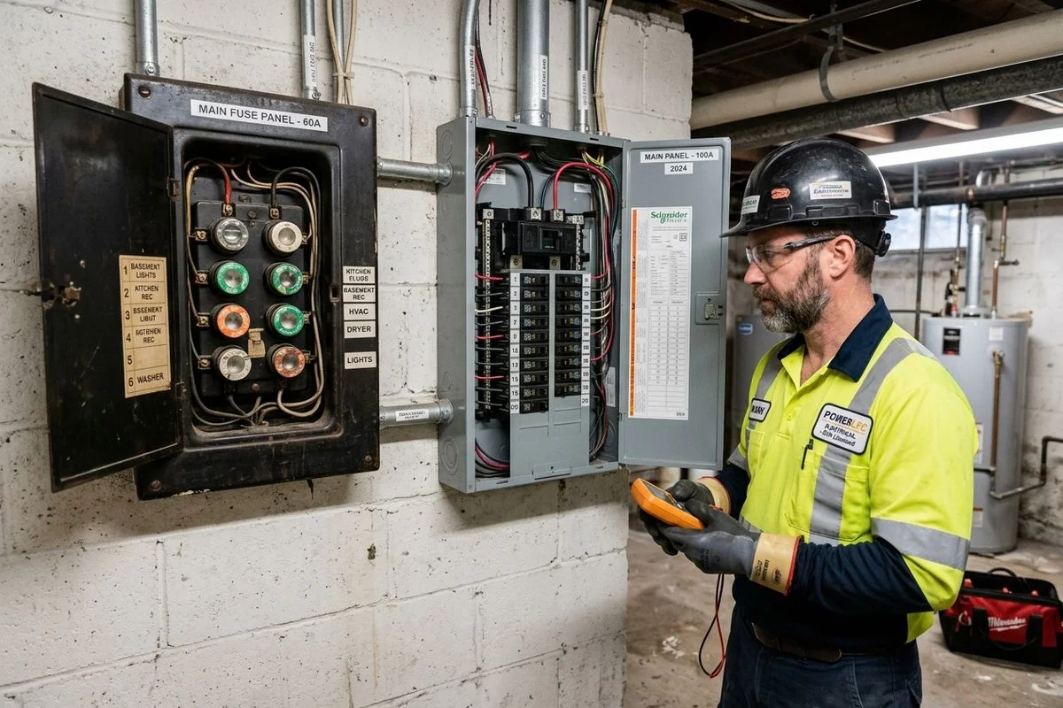 Side-by-side: fuse box vs modern breaker panel, clearly labelled