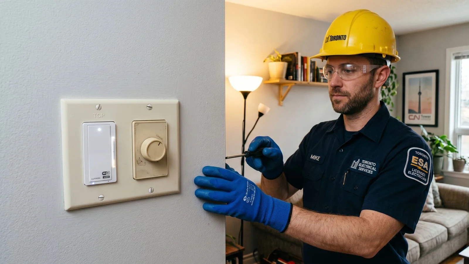 Smart dimmer next to traditional rotary dimmer on Toronto living room wall, side-by-side