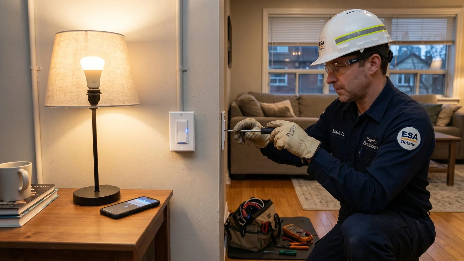 Smart switch installed next to a smart bulb on a Toronto living room wall, side-by-side context