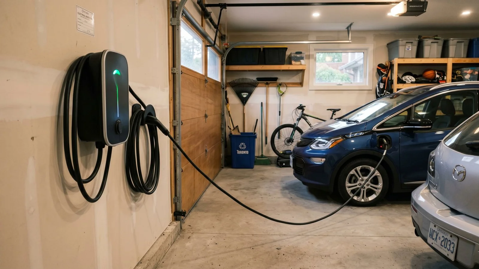 Tesla Wall Connector mounted in a clean Toronto garage, EV plugged in, warm light