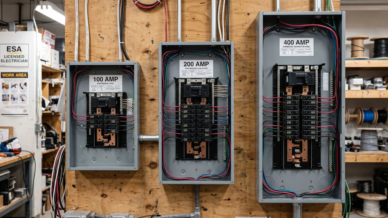 Three breaker panels side-by-side labelled 100A, 200A, 400A in an electrician's shop, scale comparison
