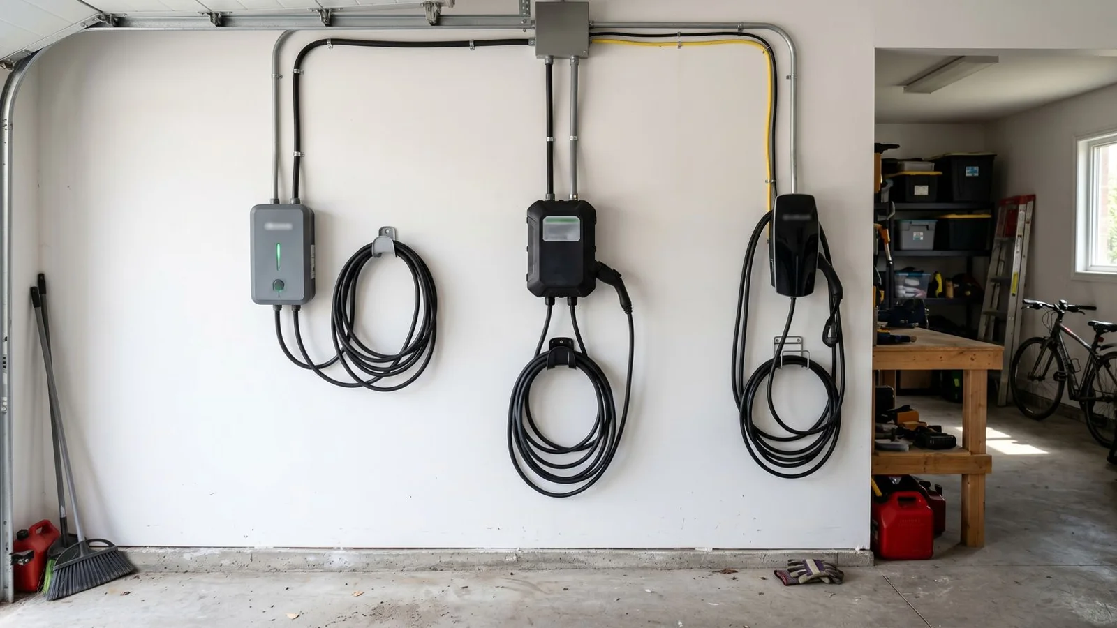Three Level 2 chargers side-by-side on a clean studio backdrop: Tesla, ChargePoint, Grizzl-E