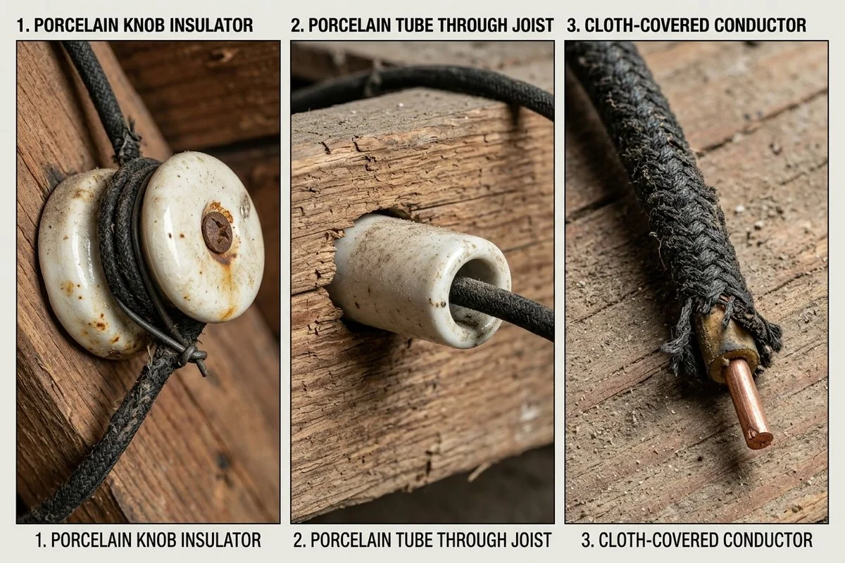 Three photos: porcelain knob, porcelain tube through joist, cloth-covered conductor
