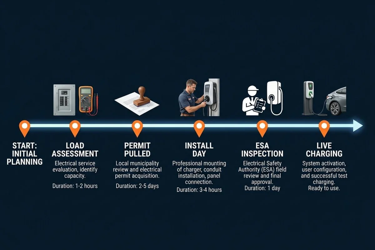 Timeline graphic: assessment → install day → ESA inspection → live charging
