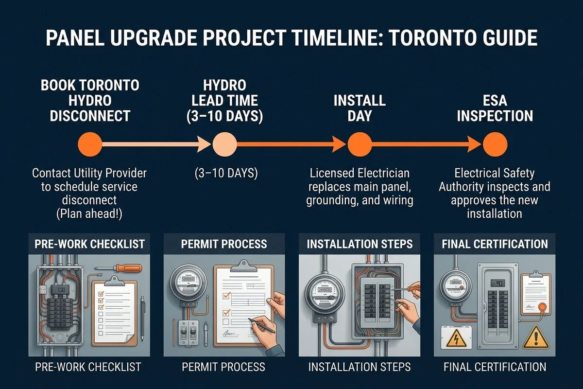 Timeline graphic: book → Hydro lead time → install day → ESA inspection