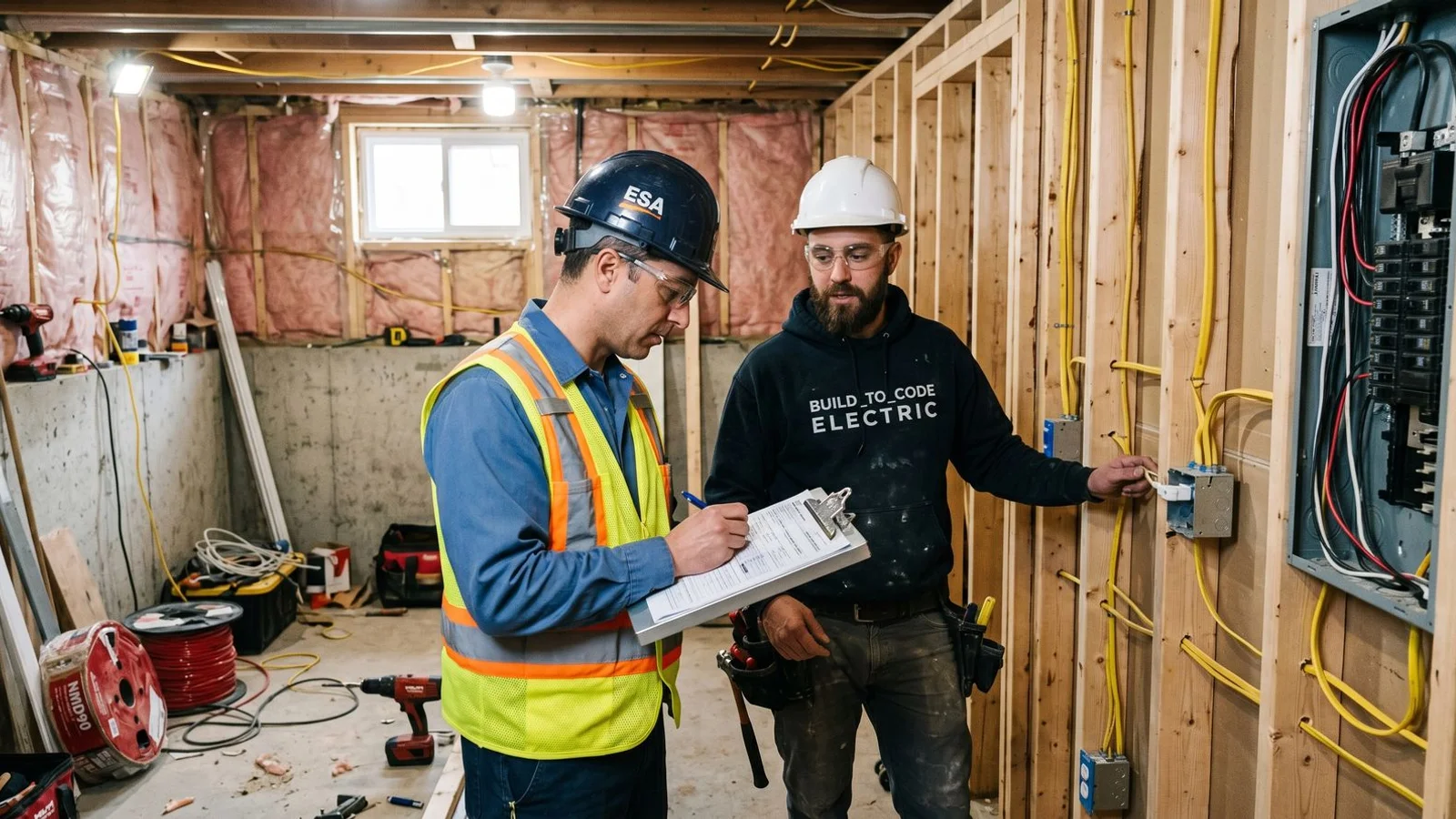 Toronto basement at rough-in stage: open studs, electrical wiring run, ESA inspector with clipboard