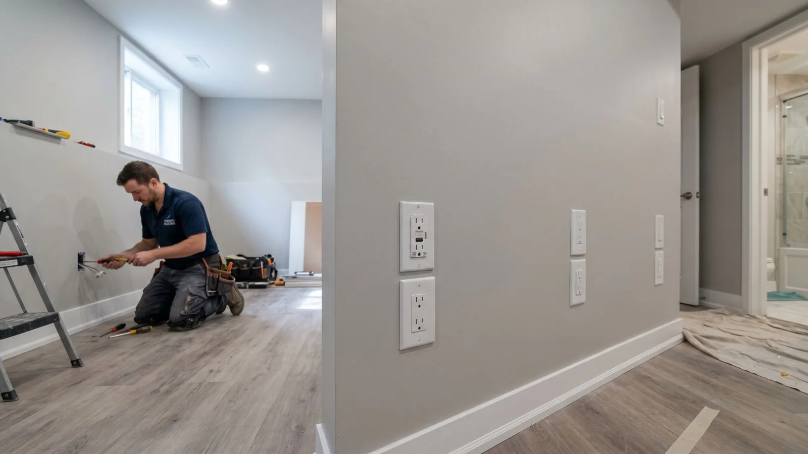 Toronto basement with newly installed outlets in clean configuration, finished or near-finished space