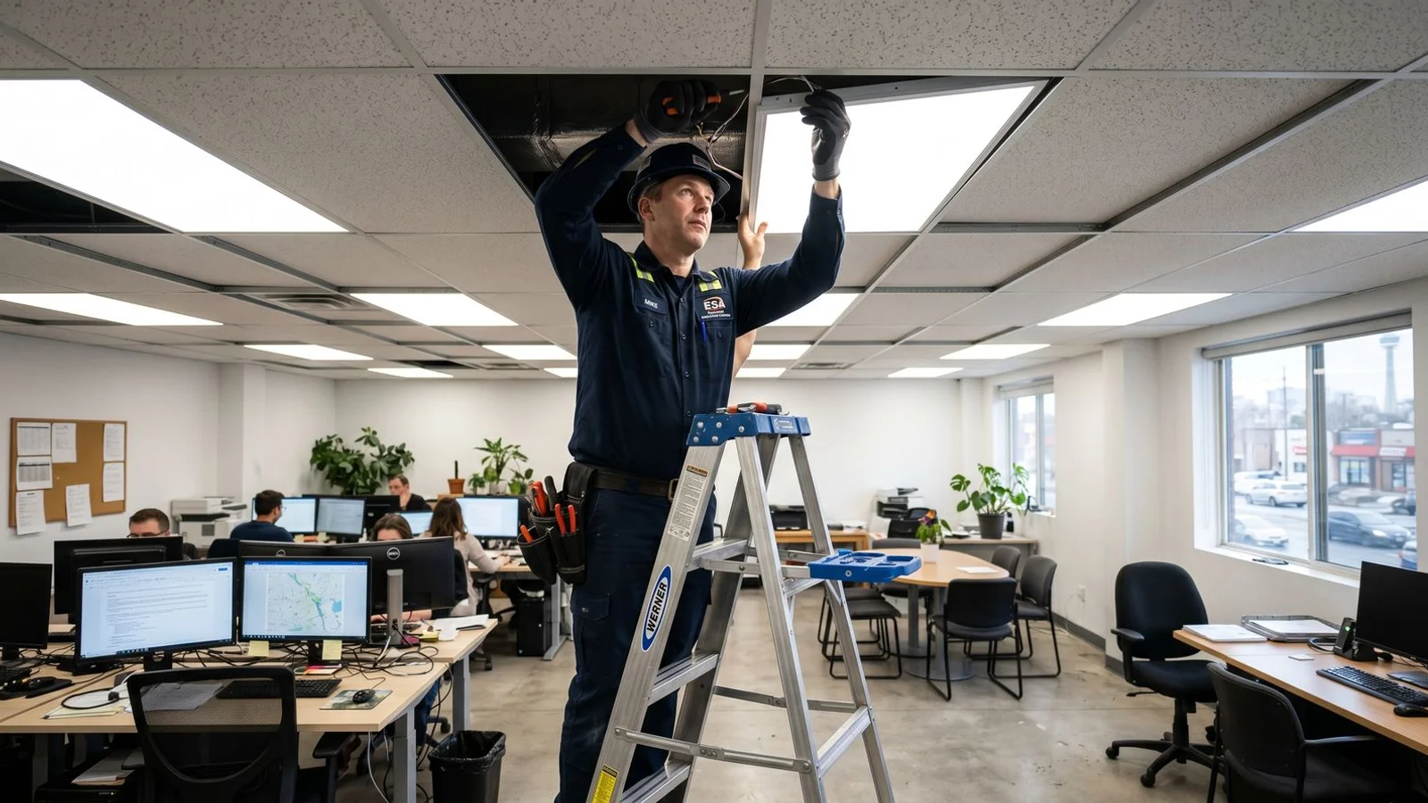Toronto commercial space with LED panels installed in drop ceiling, before-after lighting comparison