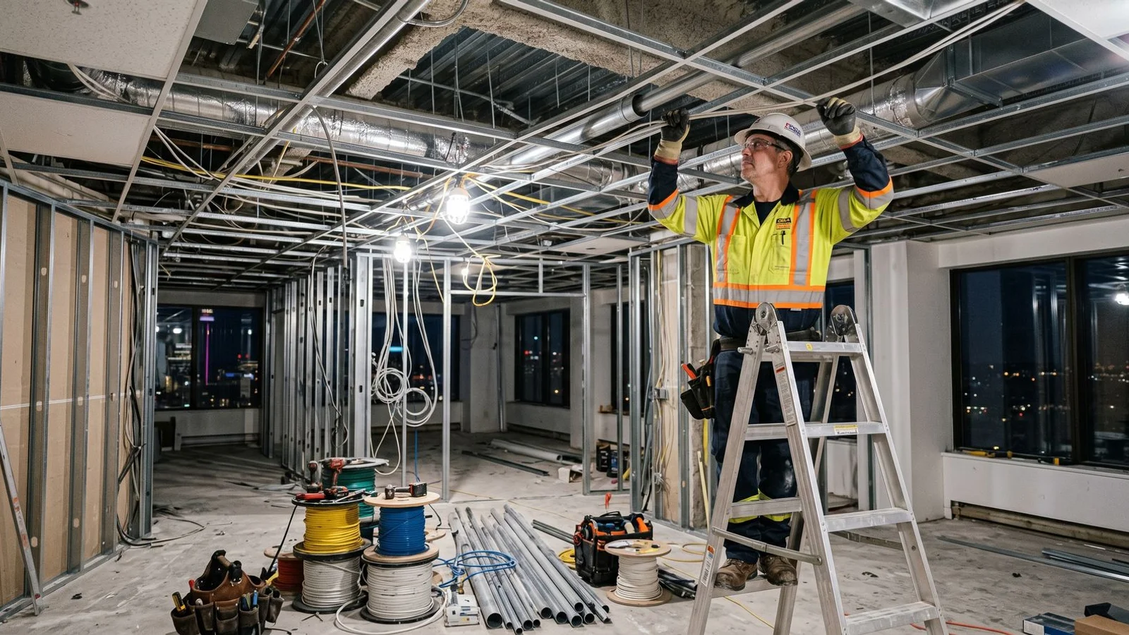 Toronto commercial unit mid-tenant-improvement: open ceiling, electrician running new lighting circuits