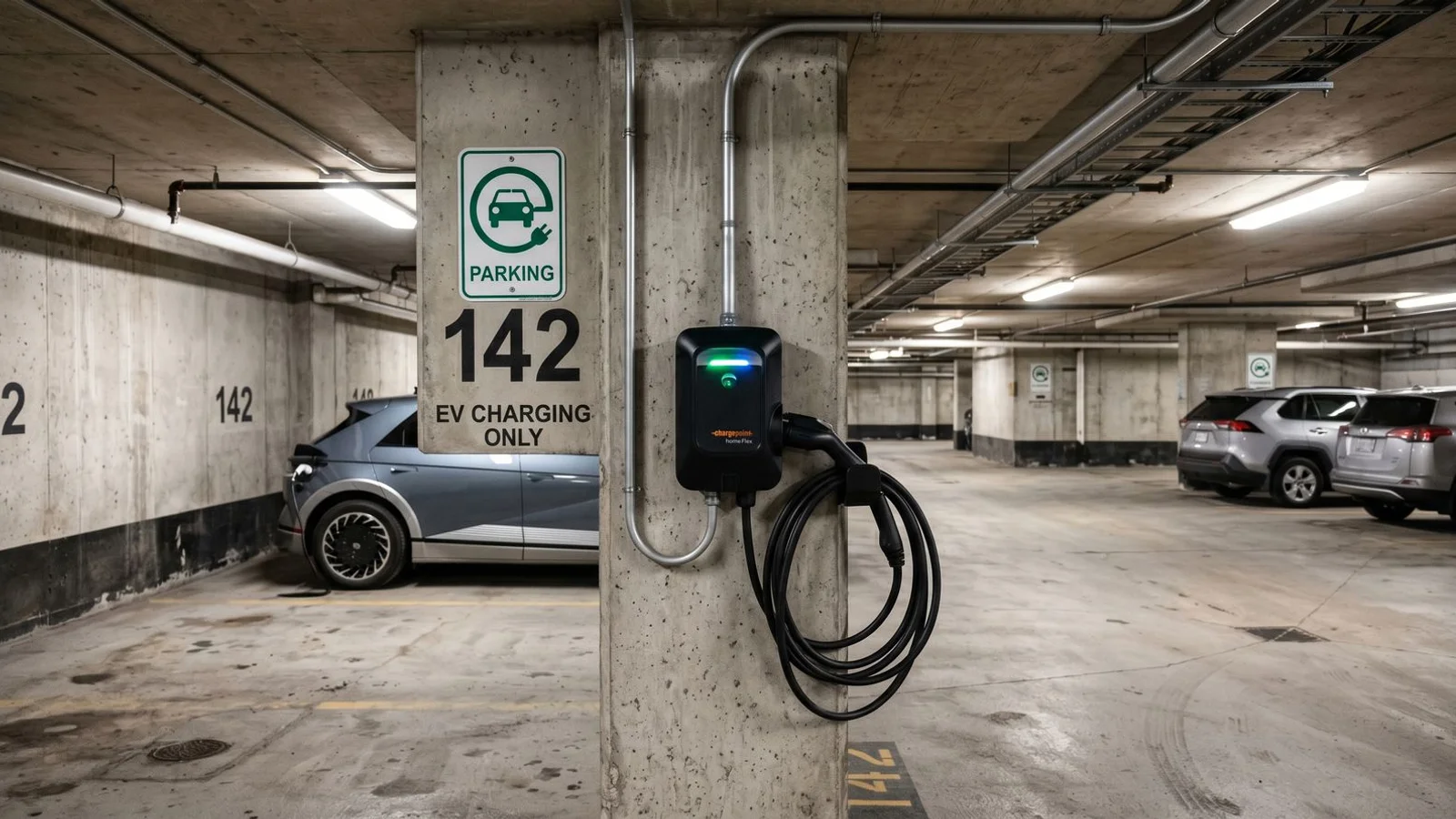 Toronto condo parking garage with Level 2 EV charger on parking stall pillar, branded enclosure