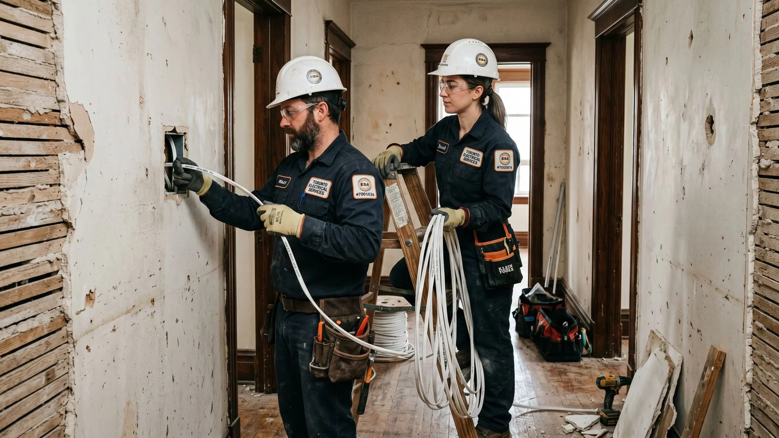 Toronto crew rewiring an Annex Edwardian home, in-progress shot with plaster walls