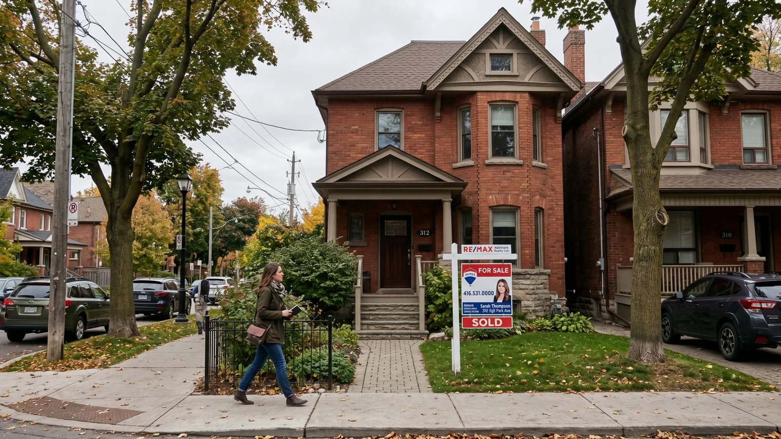 Toronto Edwardian home exterior with 'For Sale' sign, buyer-perspective approach shot