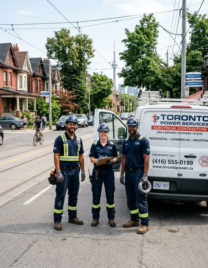 Toronto Electrical Contractor team standing in front of branded service truck in downtown Toronto