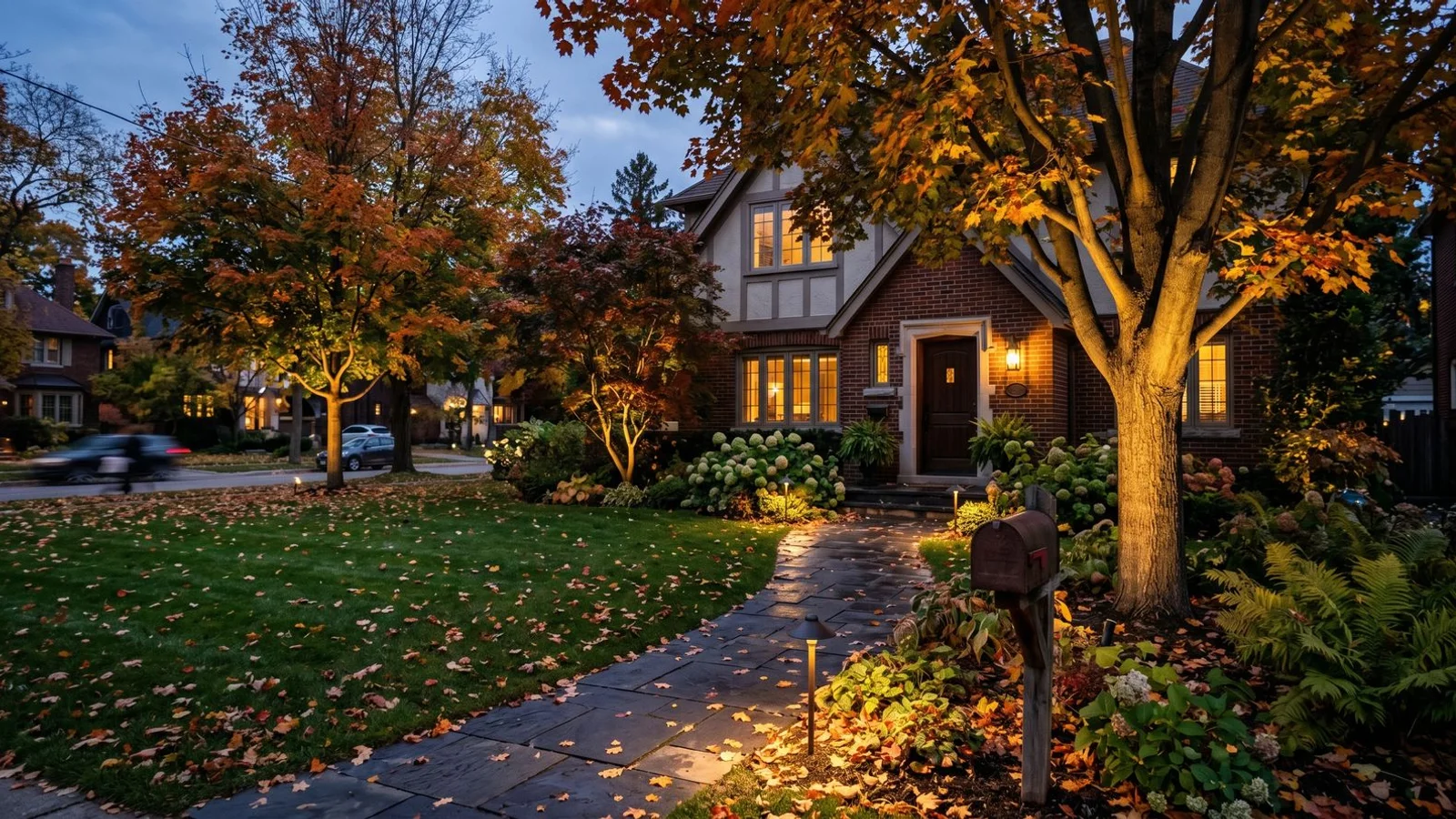Toronto front yard at dusk with low-voltage path lights and uplighting on a tree, professional layout