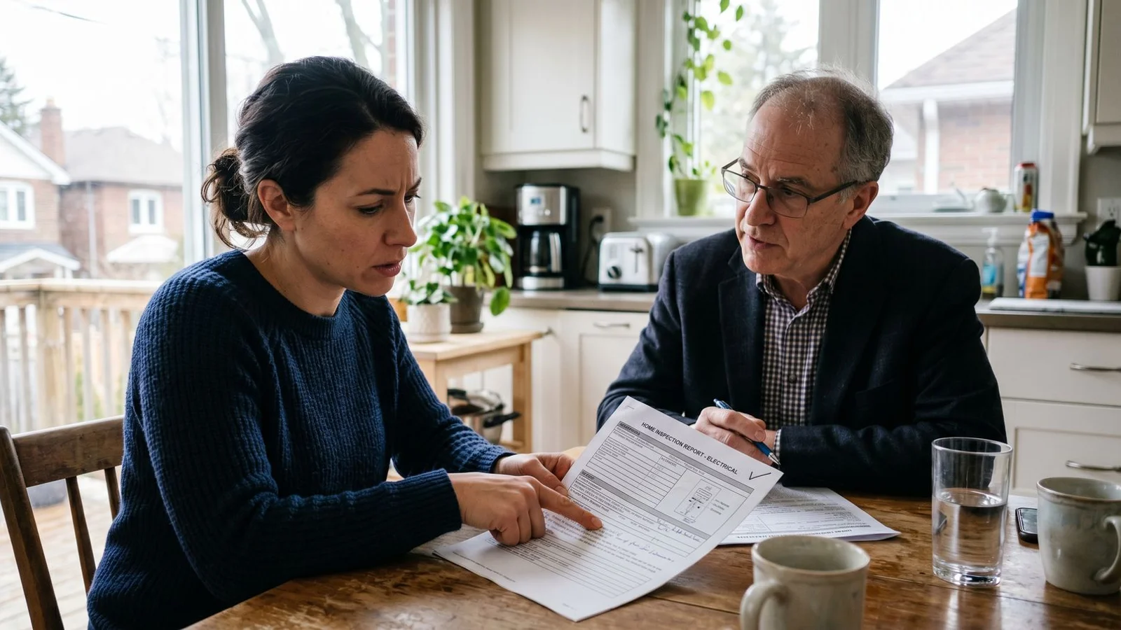 Toronto home buyer reviewing inspection report at kitchen table with realtor