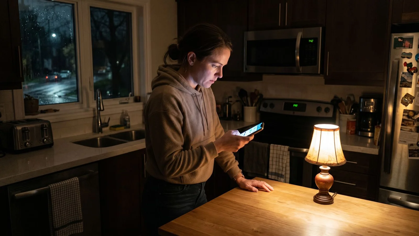 Toronto homeowner checking Hydro outage map on phone in dim kitchen with one lamp on