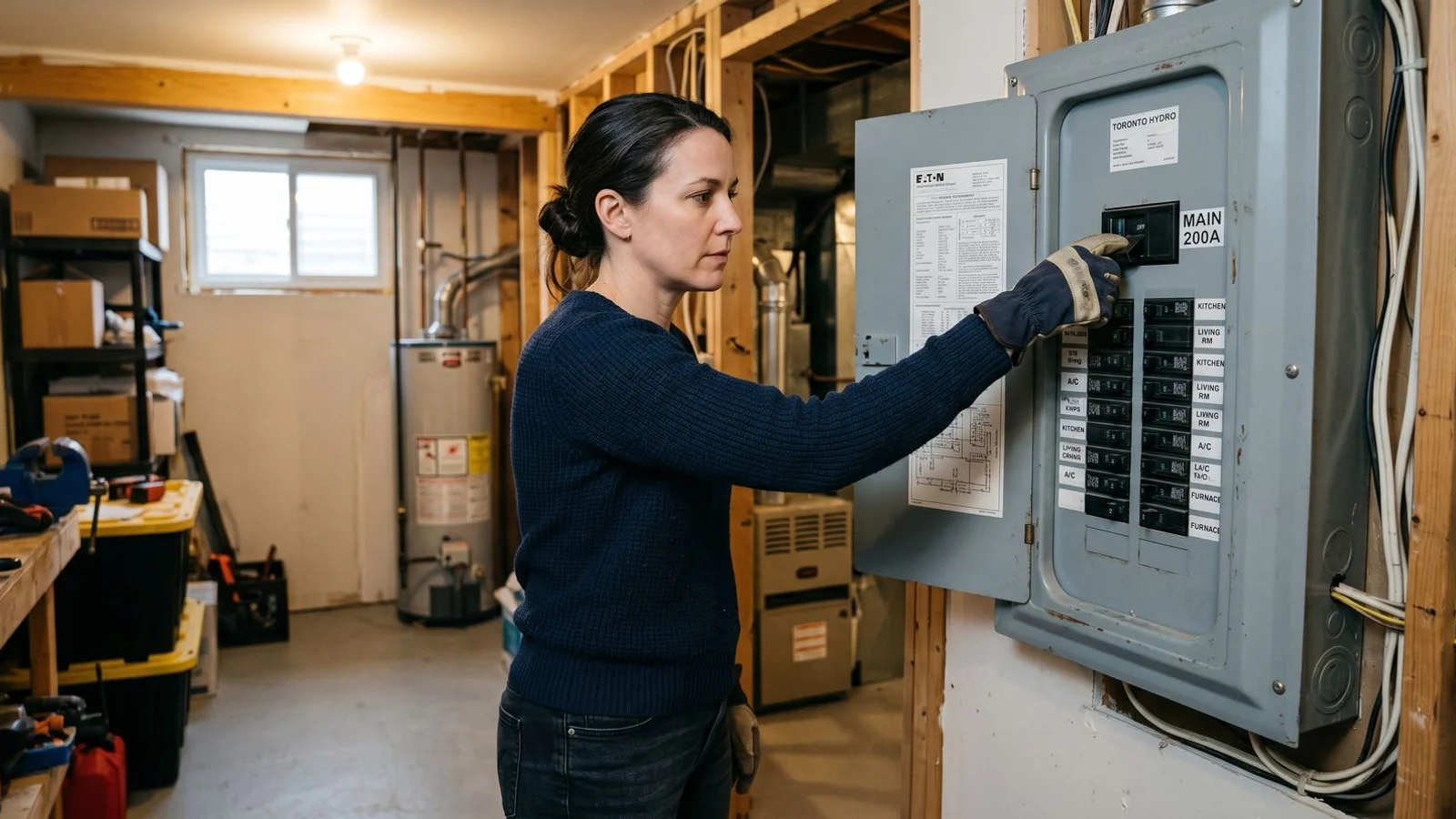 Toronto homeowner cutting power at a panel main breaker, calm focused action shot