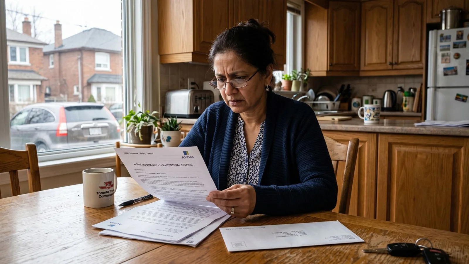 Toronto homeowner reading insurance letter at kitchen table, paperwork visible, concerned expression