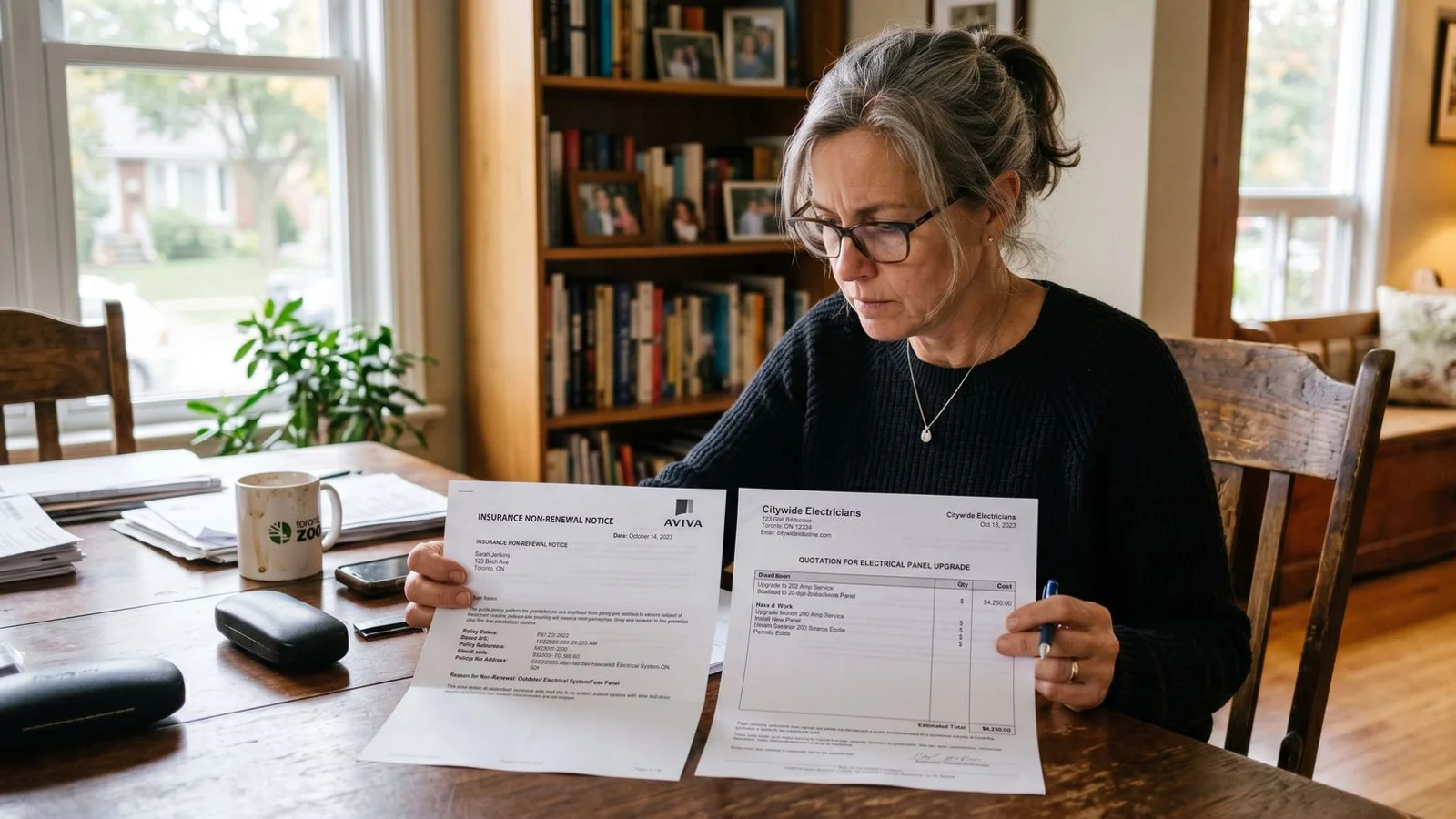 Toronto homeowner reviewing insurer letter and panel quote on dining table, focused