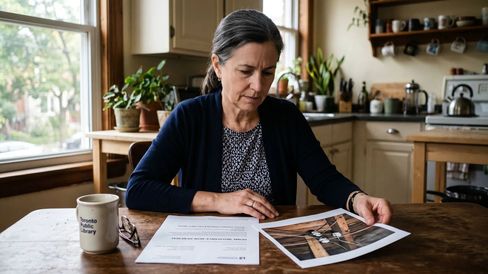 Toronto homeowner with insurer letter and K&T wiring photo on table, concerned but resolute