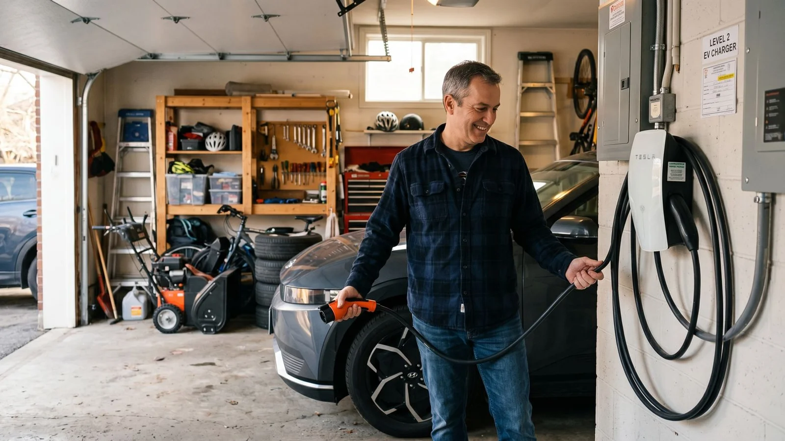 Toronto homeowner with Level 2 charger installed in garage, satisfied moment with EV plugged in