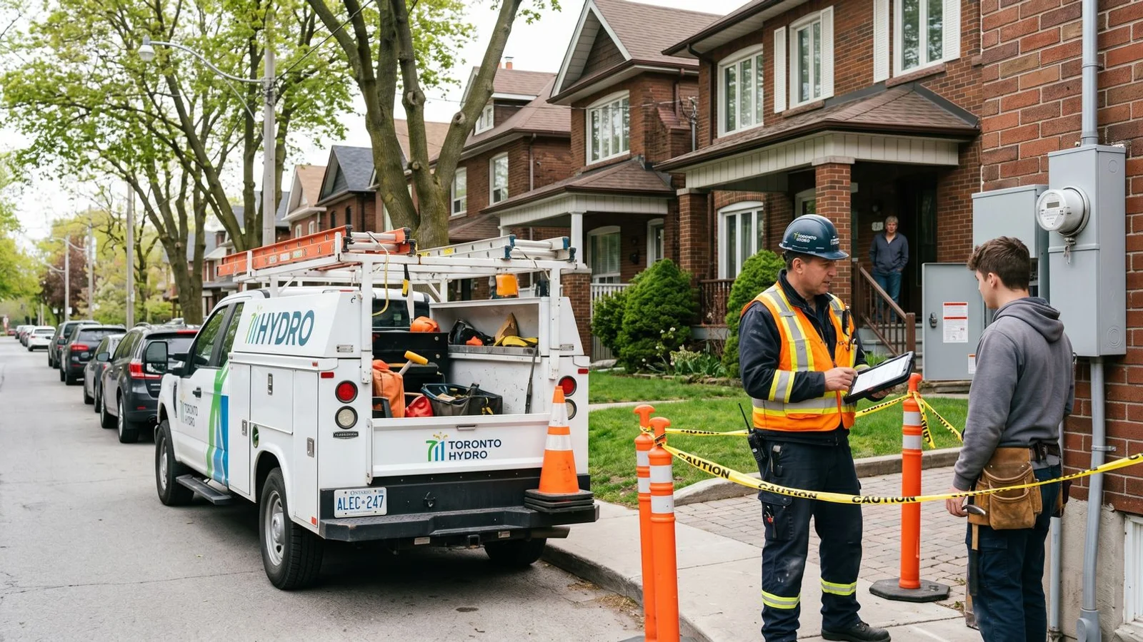 Toronto Hydro service truck on residential street, electrician coordinating disconnect at meter