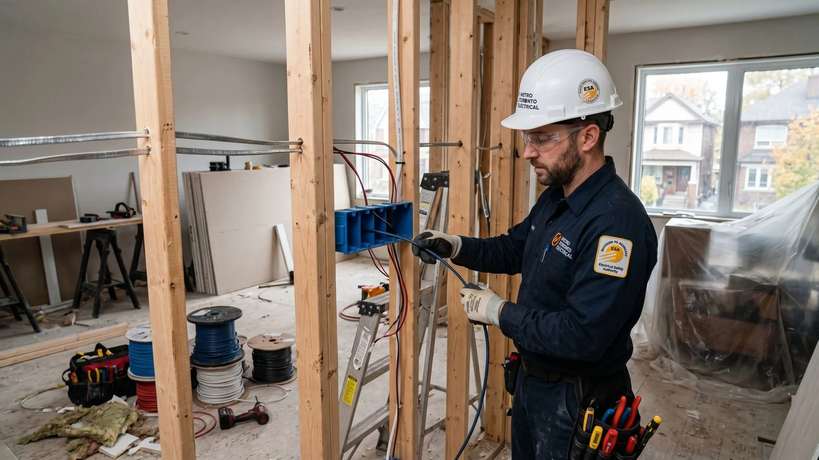 Toronto renovation in progress with stud walls open, electrician installing Cat6 and smart-switch wiring