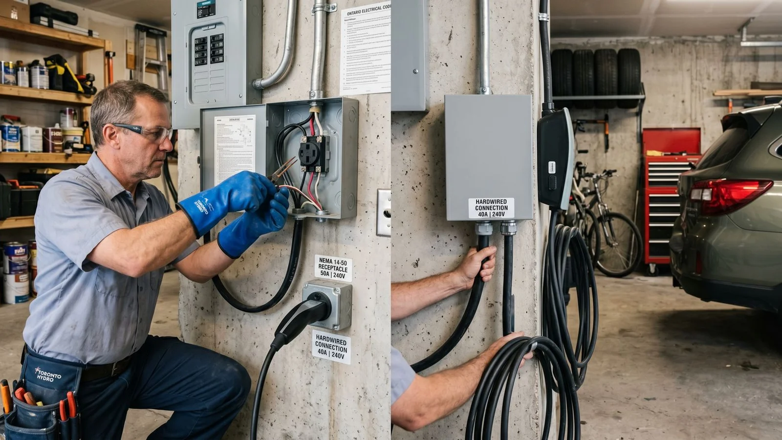 Two install setups side-by-side: NEMA 14-50 receptacle vs hardwired junction, electrician hands working
