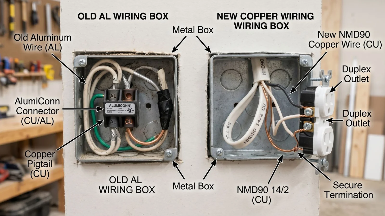 Two outlet boxes side-by-side: one pigtailed with AlumiConn, one fully rewired with copper, comparison