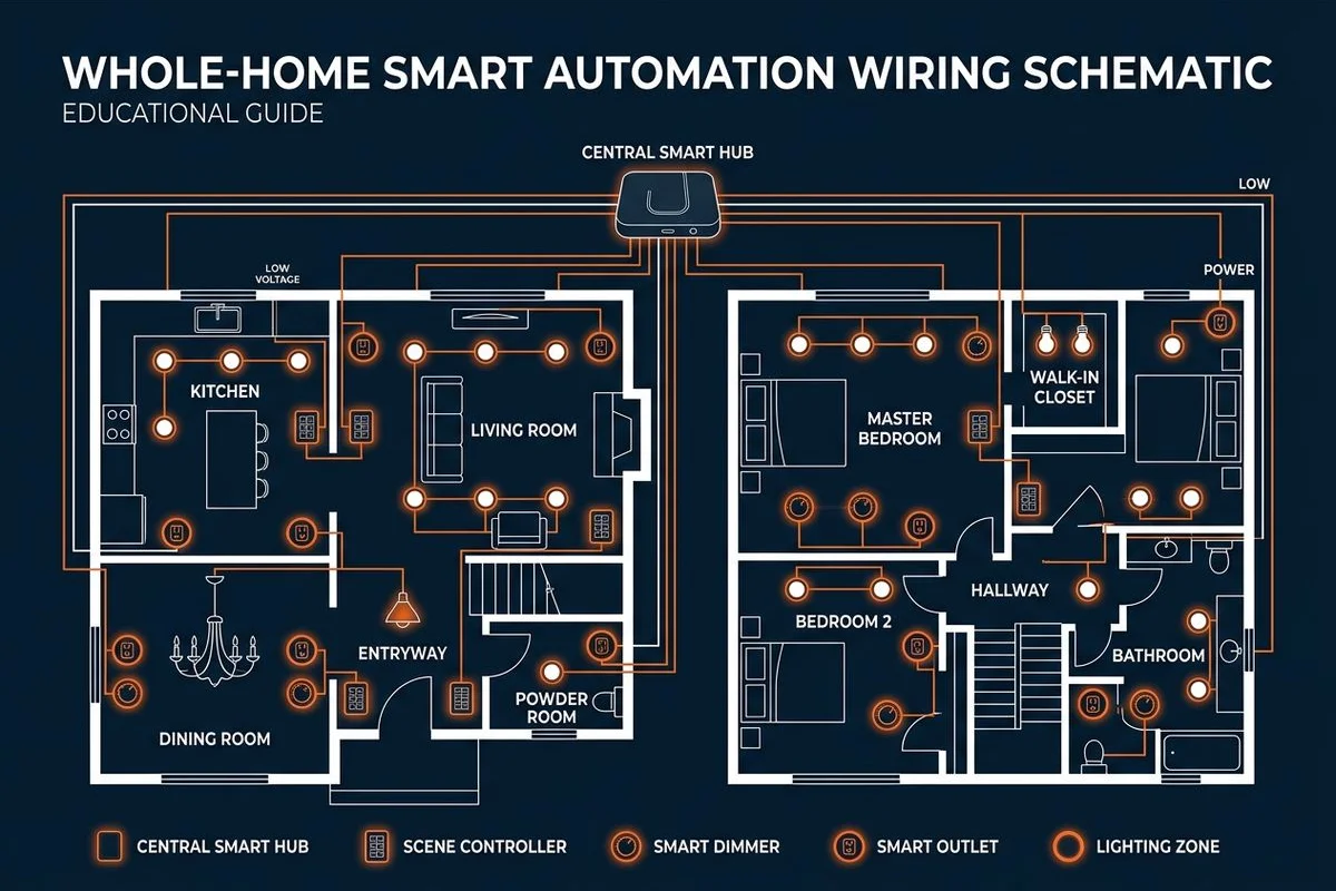 Whole-home wiring diagram with hub, scene controllers, and smart-device locations