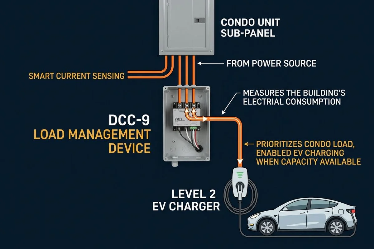 Wiring diagram: DCC-9 device between condo unit panel and EV charger, simplified