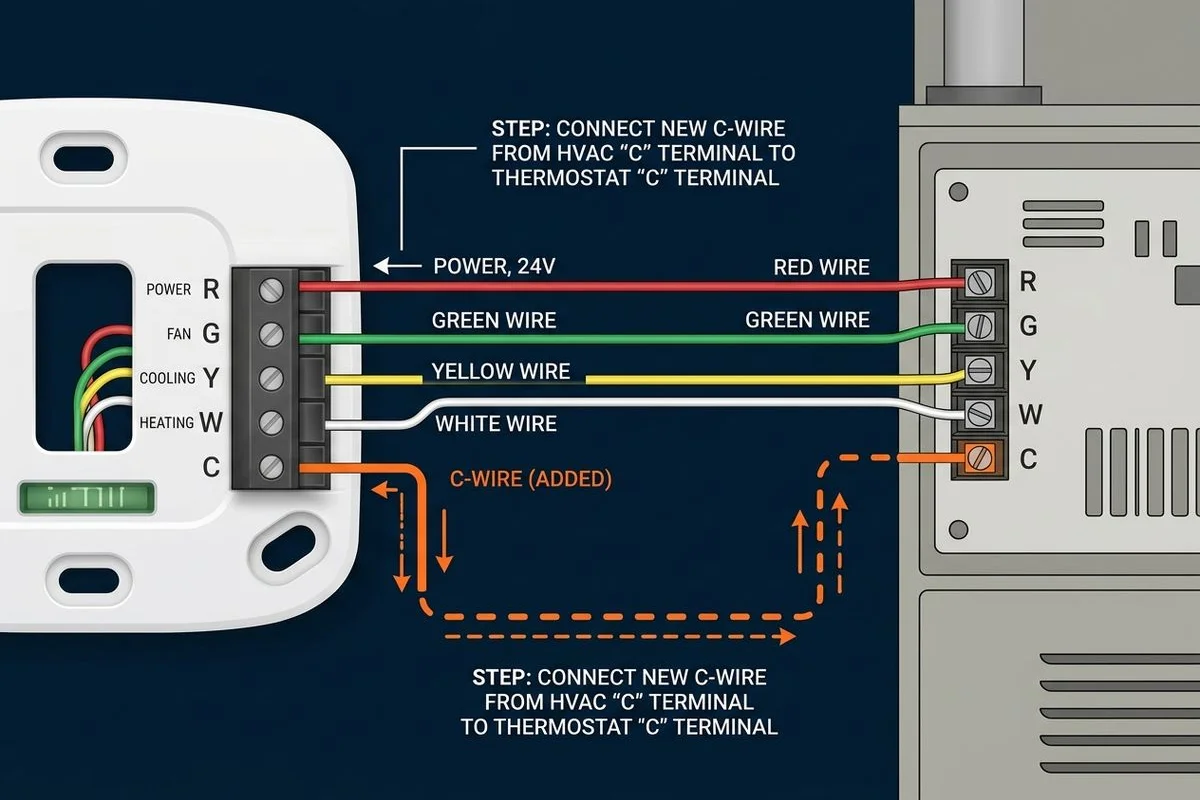 Wiring diagram showing C-wire add for older HVAC system